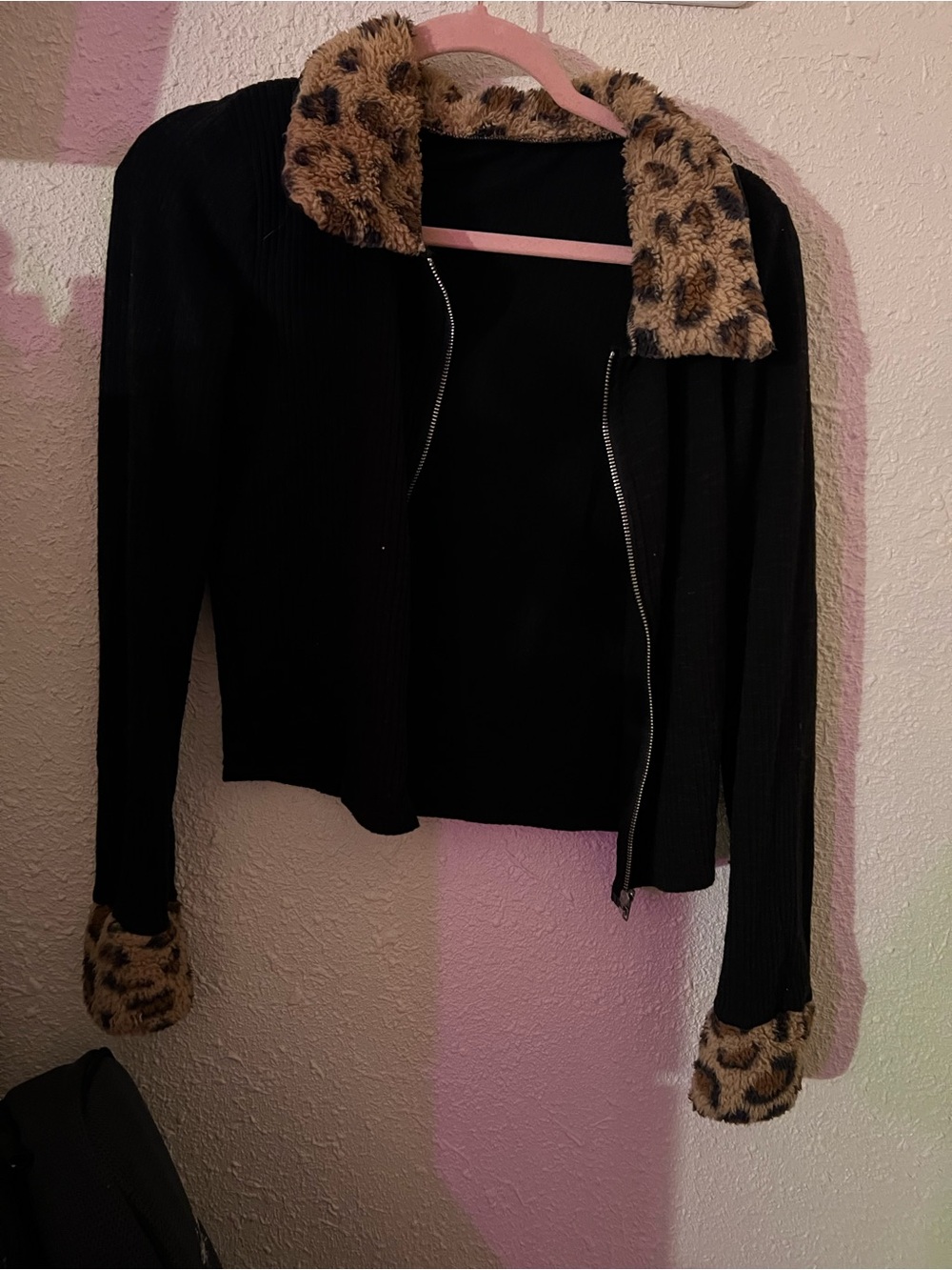 Black Zip Jacket with Leopard Faux-Fur Trim